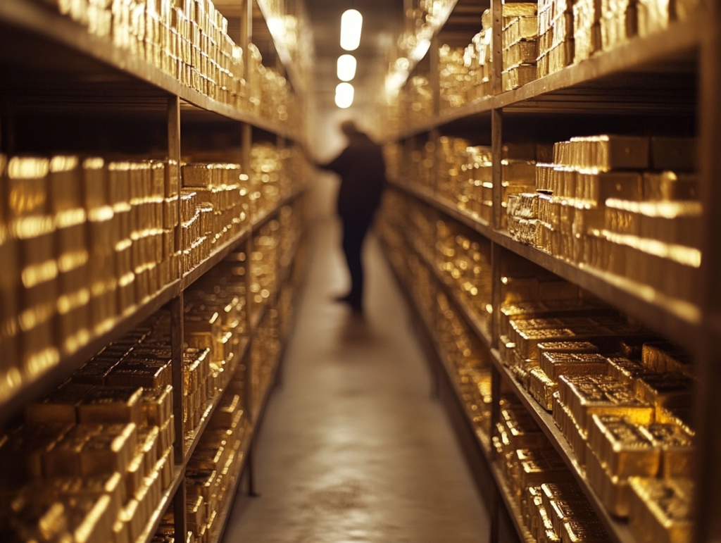 Long walkway in a vault with shelves of gold bars on both sides and blurry image of a person toward the end.